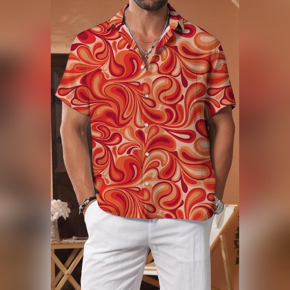 KYKU Men's Button Down Hawaiian Short Sleeve Shirt, One Pocket | Orange & White - Picture 1 of 9